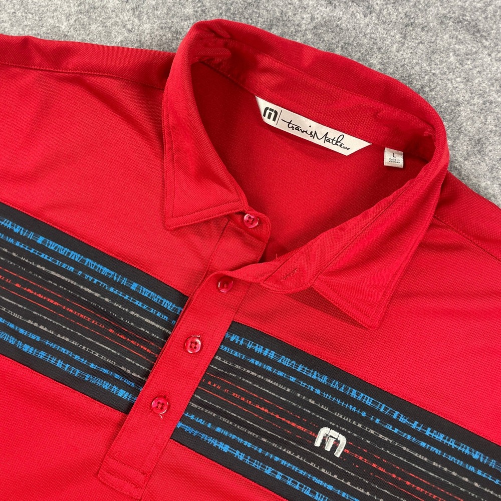Travis Mathew Mens Polo Shirt L Red Striped Performance Short Sleeve Pima Cotton